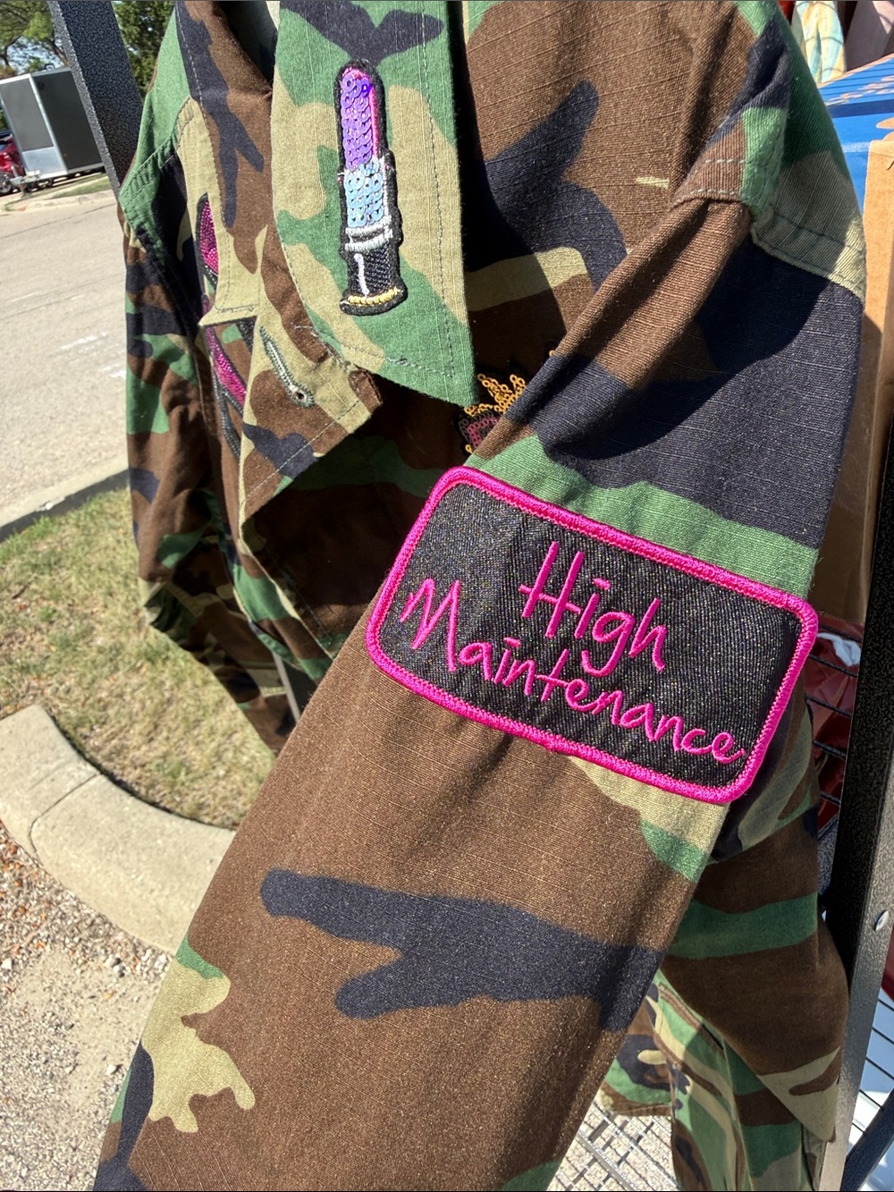 Camo Patchwork Utility Jacket with Pink Sequin Accents - Picture 5 of 6